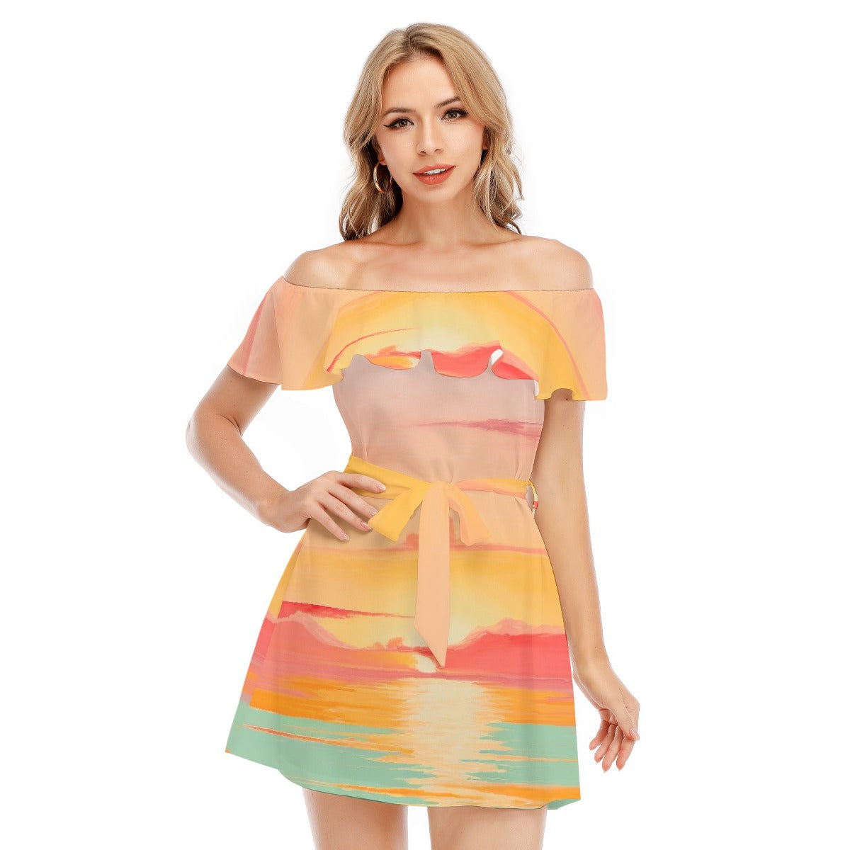 All-Over Print Women's Off-shoulder Dress With Ruffle