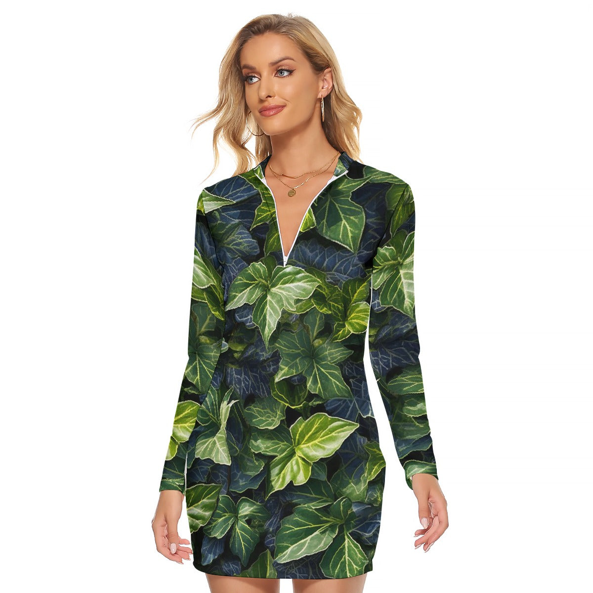 All-Over Print Women's Zip Front Tight Dress