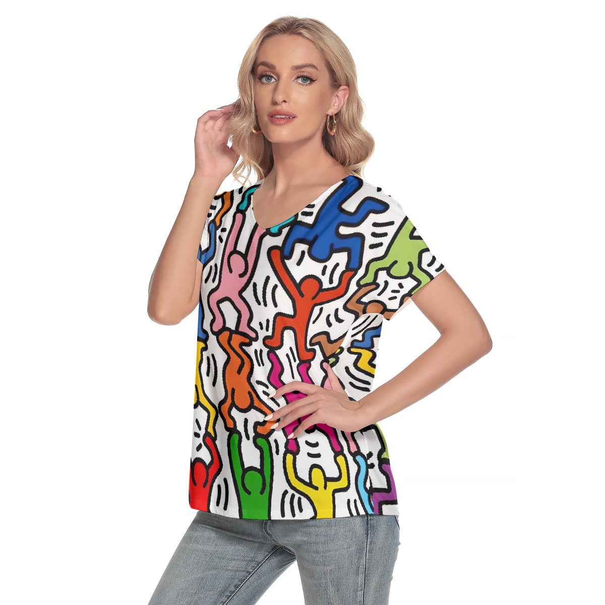 All-Over Print Women's Loose V-neck Short Sleeve T-shirt