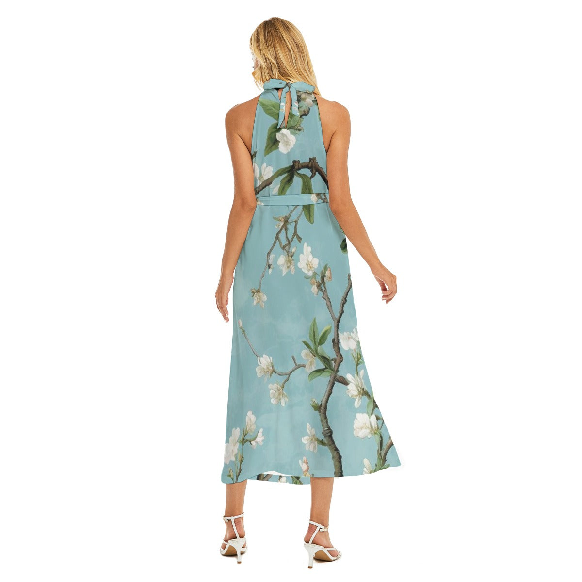 All-Over Print Women's Wrap Hem Belted Halter Dress