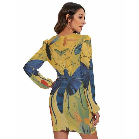 All-Over Print Women's Long Sleeve Dress With Waist Belt