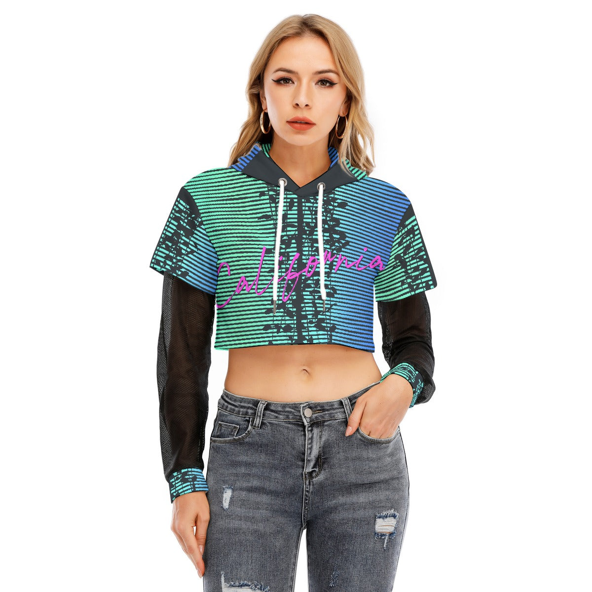 All-Over Print Women's Fake Two-piece Mesh Sleeve Cropped Hoodie