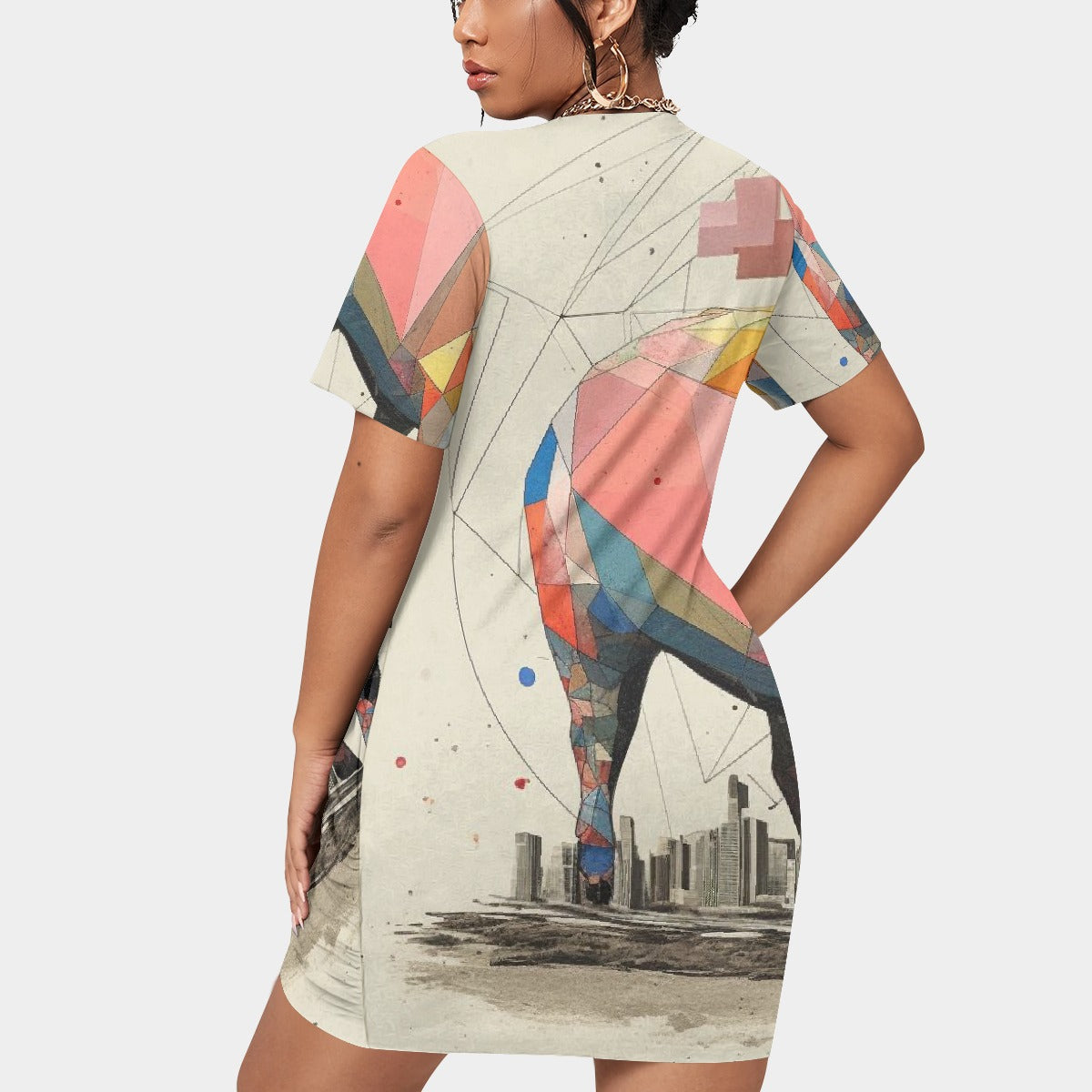 All-Over Print Women’s Stacked Hem Dress With Short Sleeve（Plus Size）