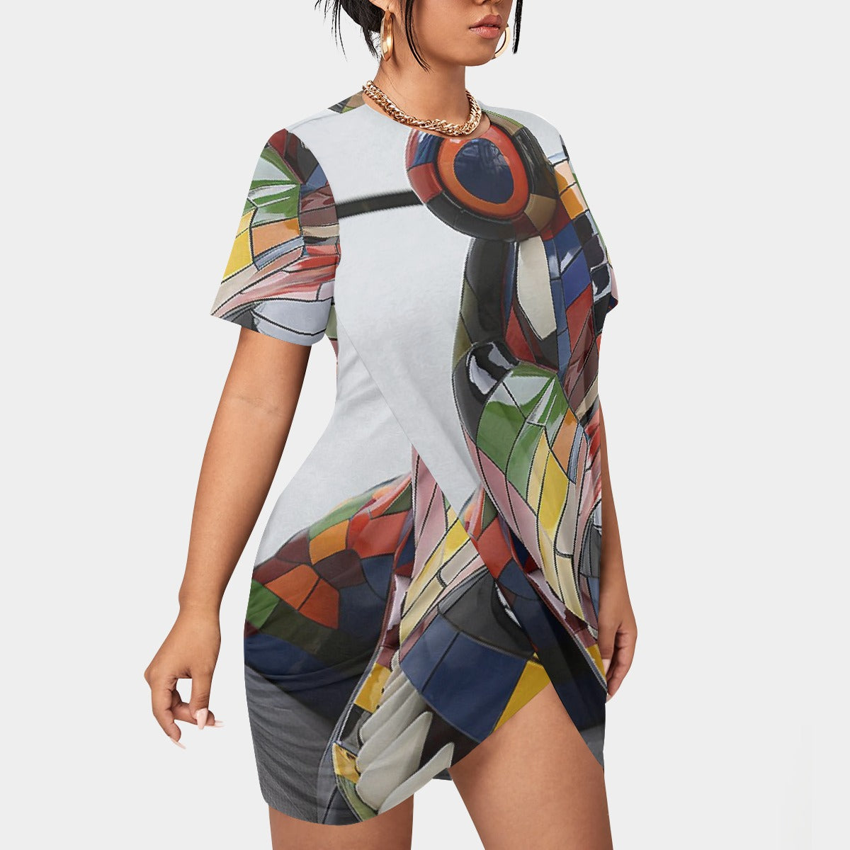 All-Over Print Women’s Stacked Hem Dress With Short Sleeve（Plus Size）