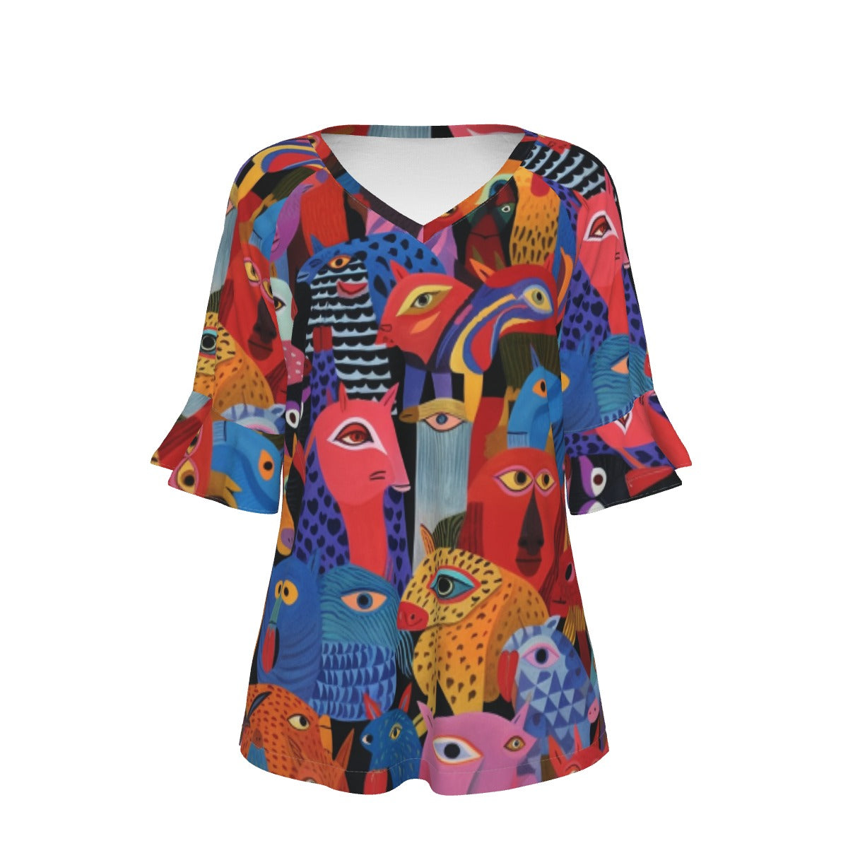 All-Over Print V-neck Women's T-shirt With Bell Sleeve