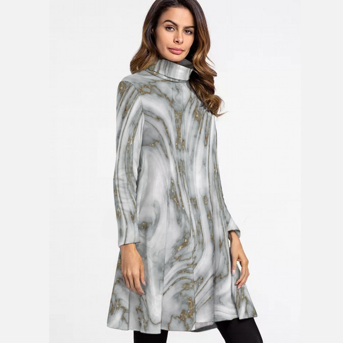 All-Over Print Women's High Neck Dress With Long Sleeve