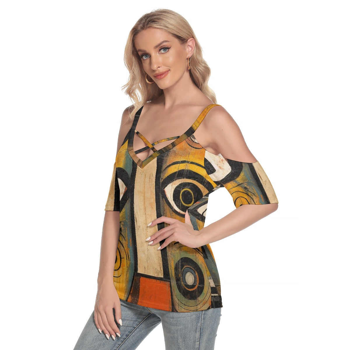 All-Over Print Women's Cold Shoulder T-shirt With Criss Cross Strips