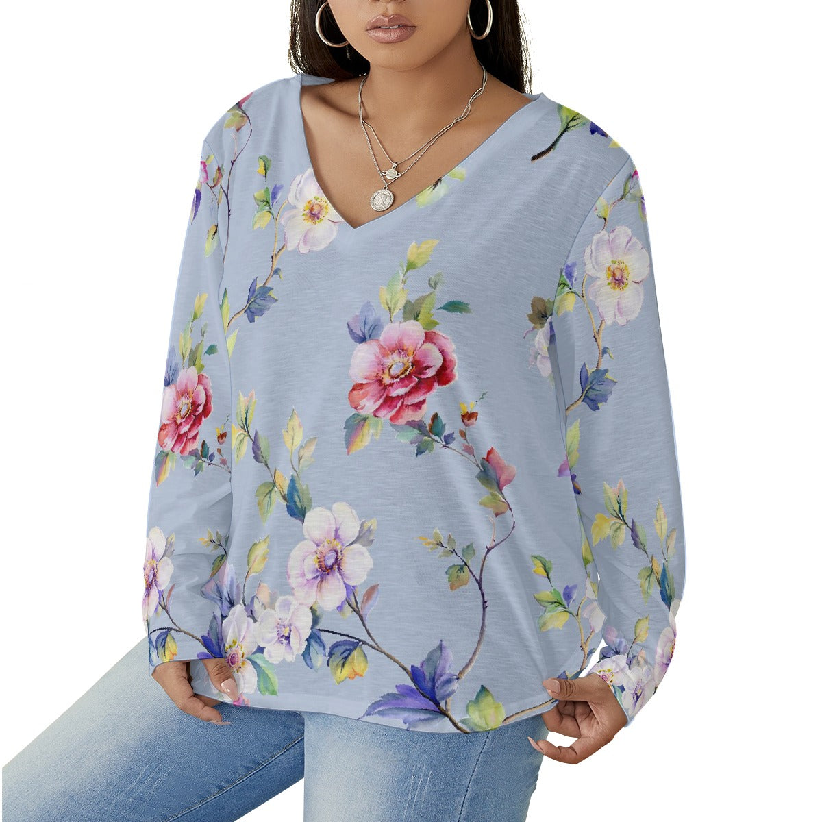 All-Over Print Women's V-neck T-shirt With Curved Hem(Plus Size)