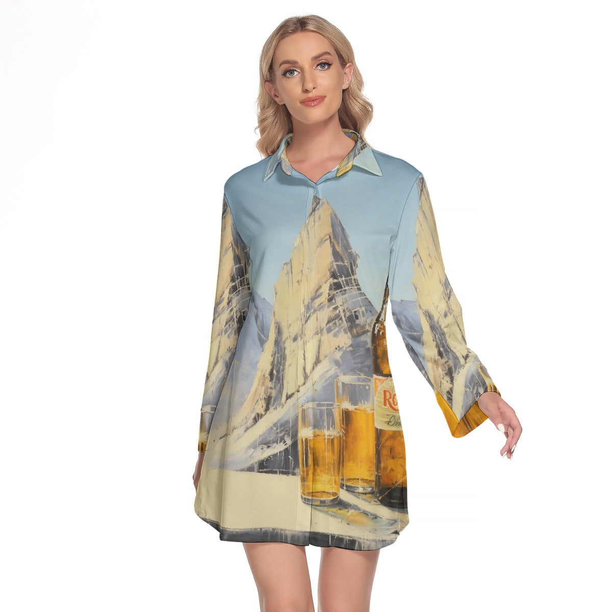 All-Over Print Women's Lapel Shirt Dress With Long Sleeve