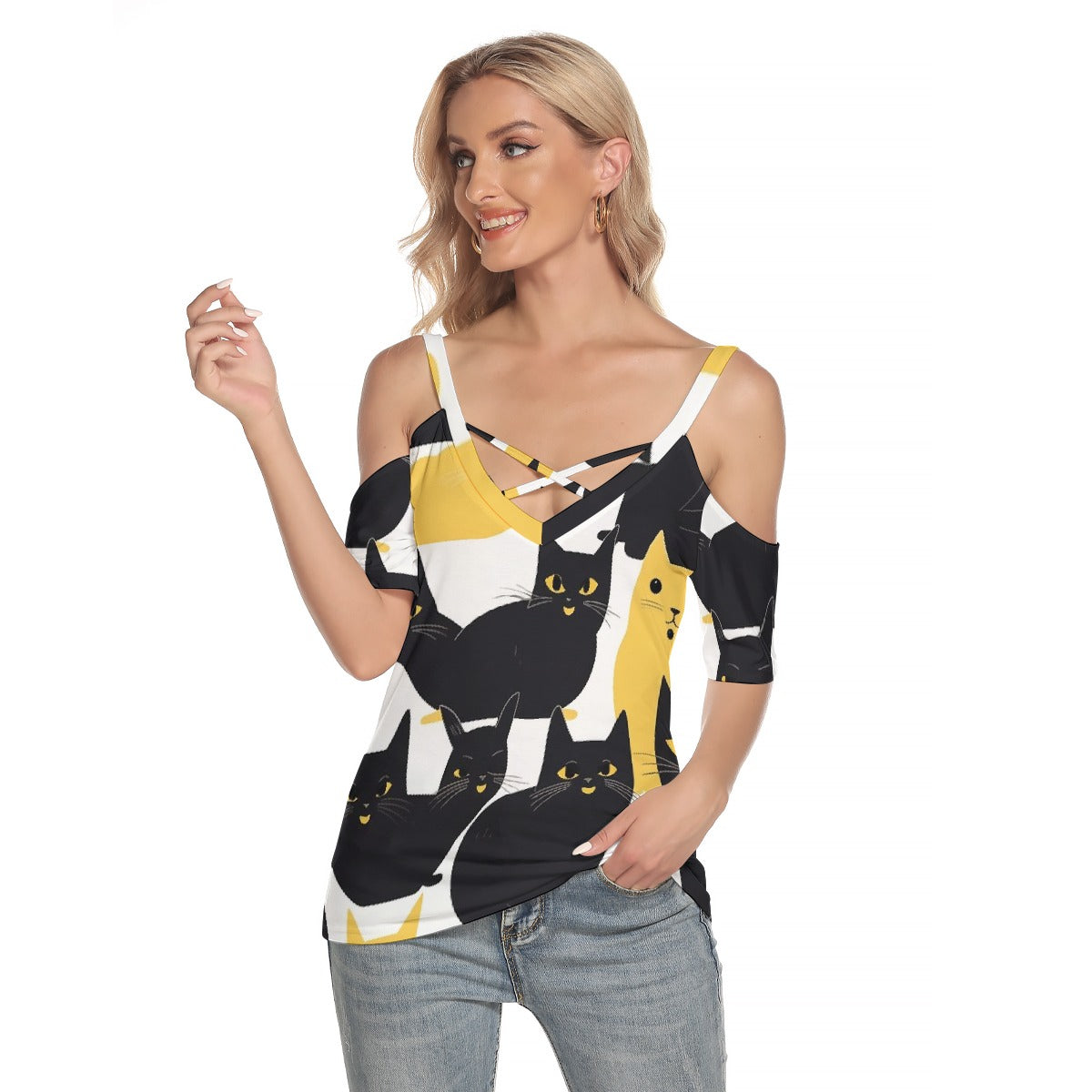 All-Over Print Women's Cold Shoulder T-shirt With Criss Cross Strips