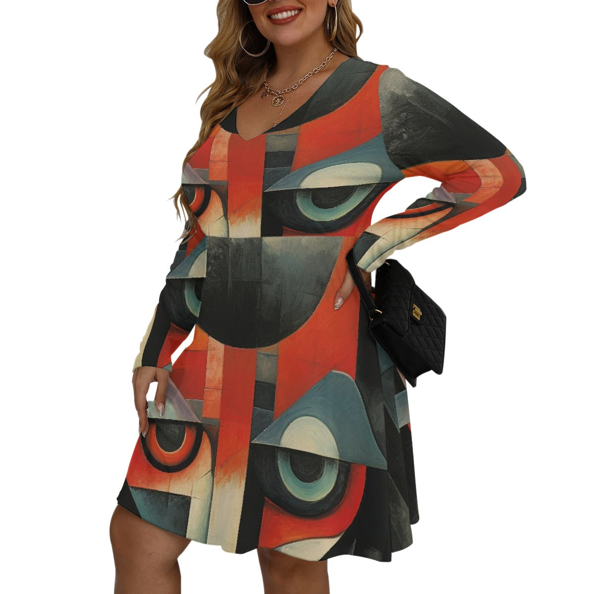 All-Over Print Women's V-neck Long Sleeve Dress(Plus Size)