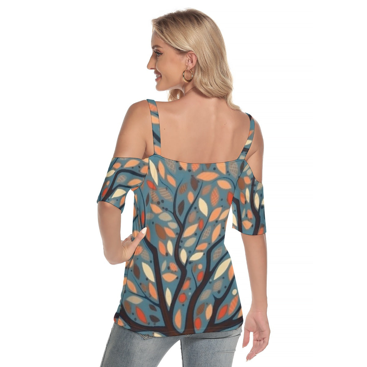 All-Over Print Women's Cold Shoulder T-shirt With Criss Cross Strips