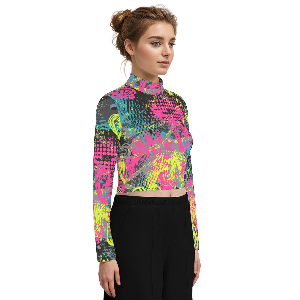 Eco-Friendly All-Over Print Women's Turtleneck T-shirt With Long Sleeve