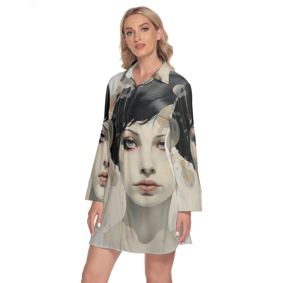 All-Over Print Women's Lapel Shirt Dress With Long Sleeve