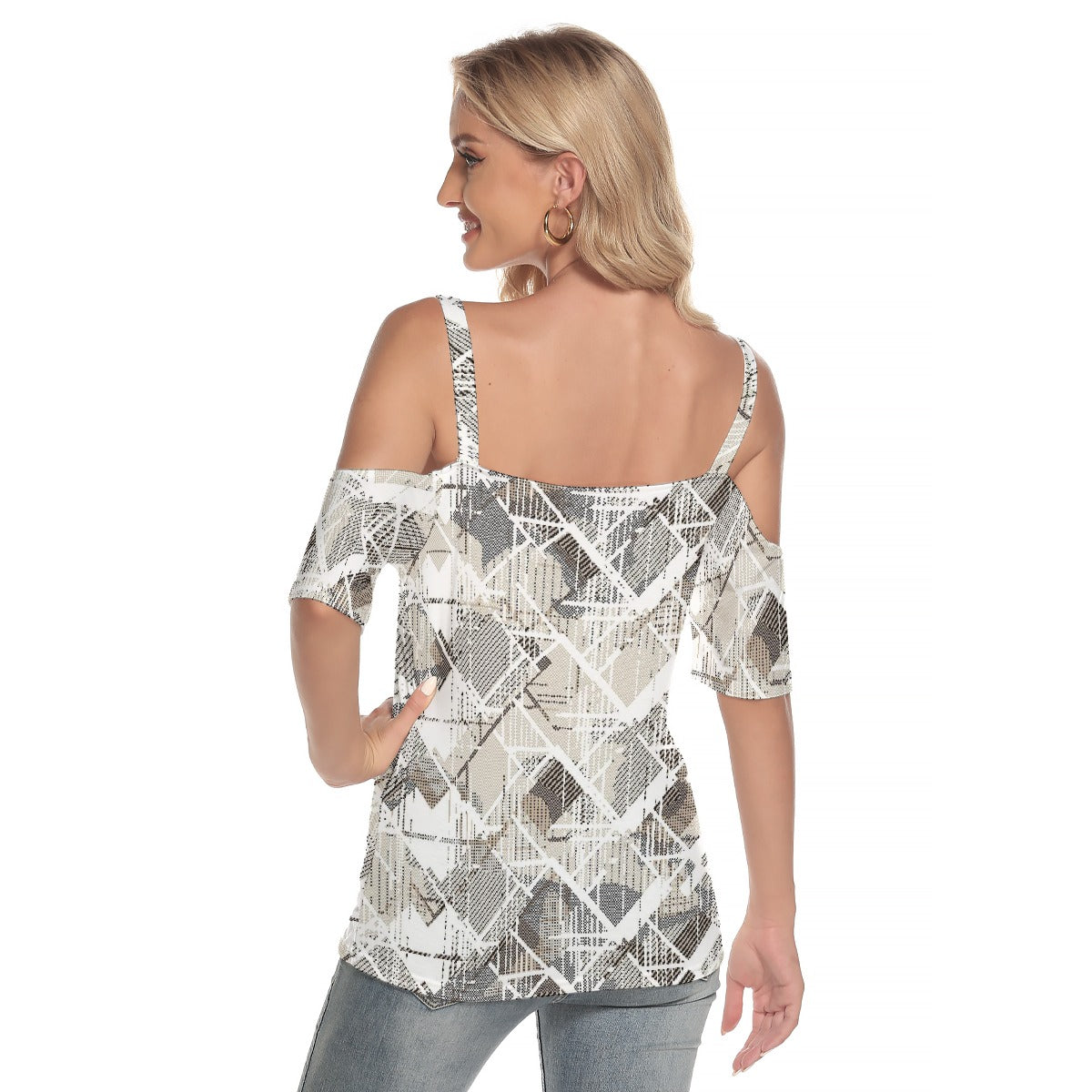 All-Over Print Women's Cold Shoulder T-shirt With Criss Cross Strips