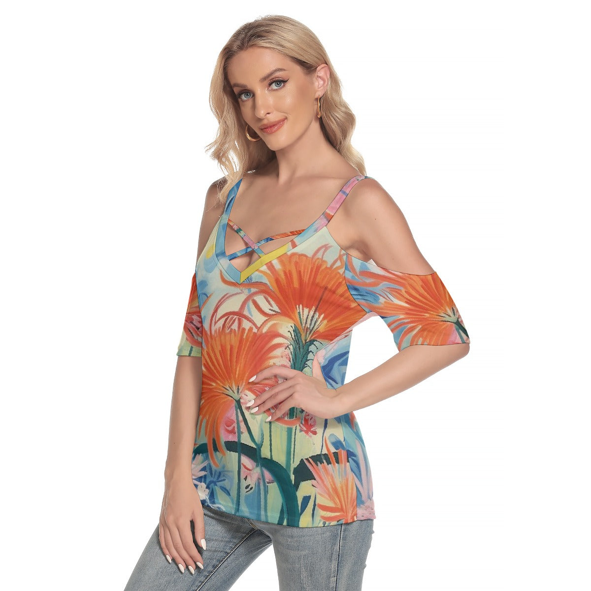 All-Over Print Women's Cold Shoulder T-shirt With Criss Cross Strips