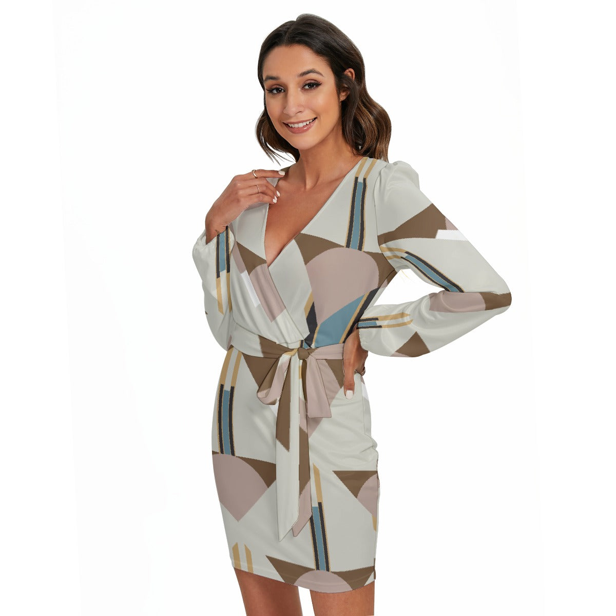 All-Over Print Women's Long Sleeve Dress With Waist Belt