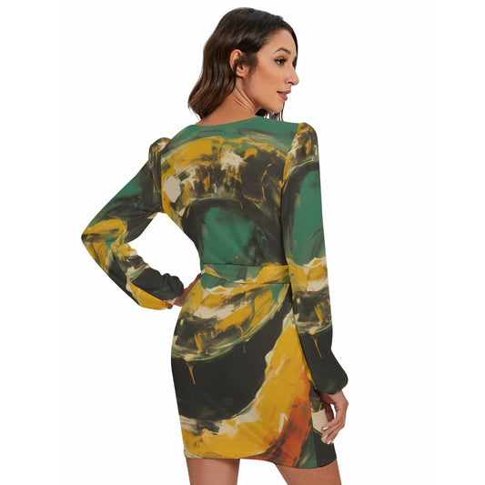 All-Over Print Women's Long Sleeve Dress With Waist Belt