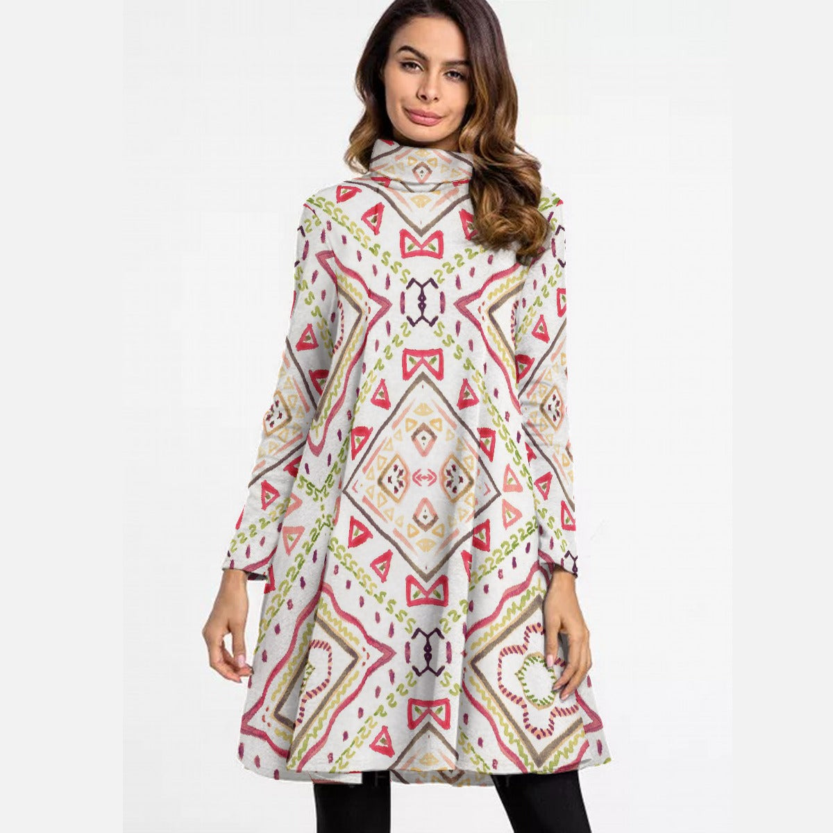 All-Over Print Women's High Neck Dress With Long Sleeve