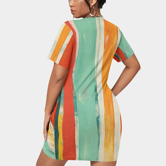 All-Over Print Women’s Stacked Hem Dress With Short Sleeve（Plus Size）