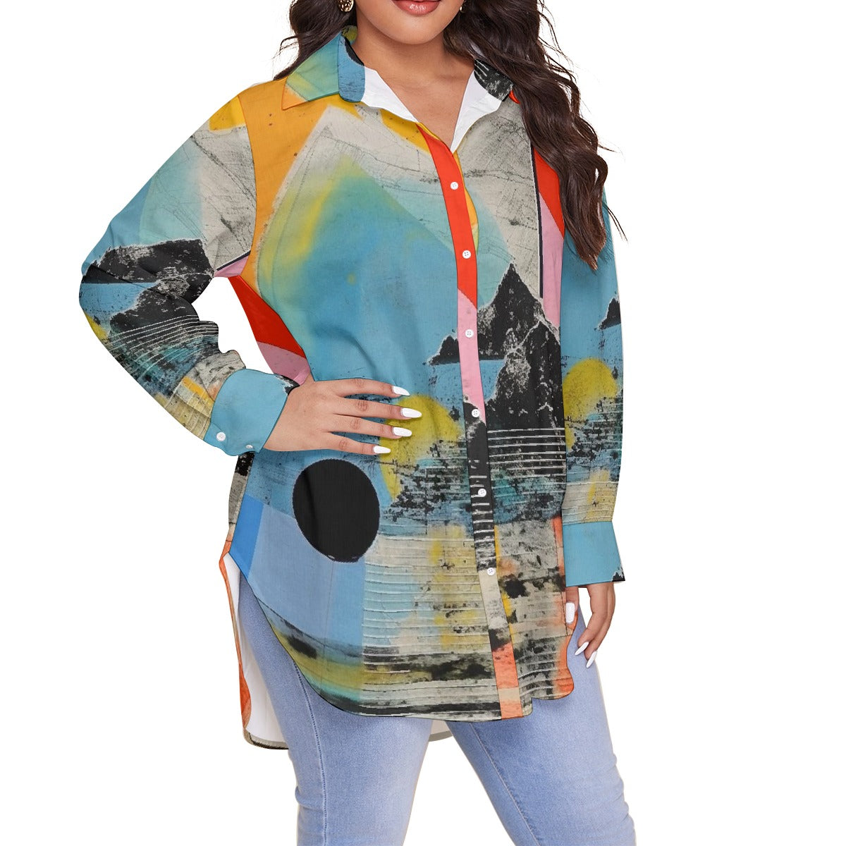 All-Over Print Women's Shirt With Long Sleeve(Plus Size)