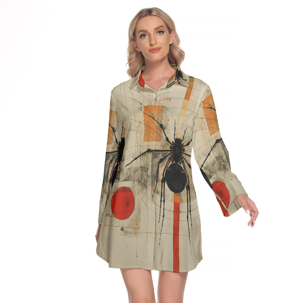 All-Over Print Women's Lapel Shirt Dress With Long Sleeve