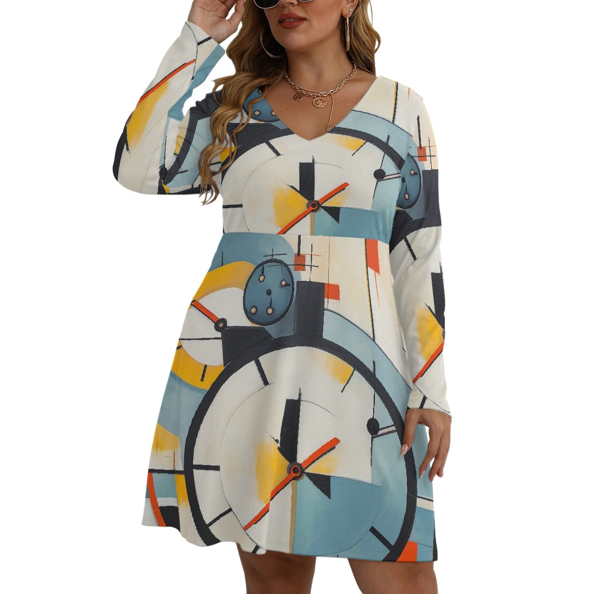 All-Over Print Women's V-neck Long Sleeve Dress(Plus Size)