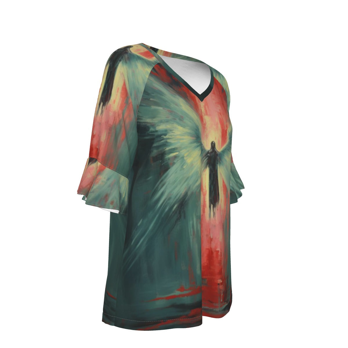 All-Over Print V-neck Women's T-shirt With Bell Sleeve