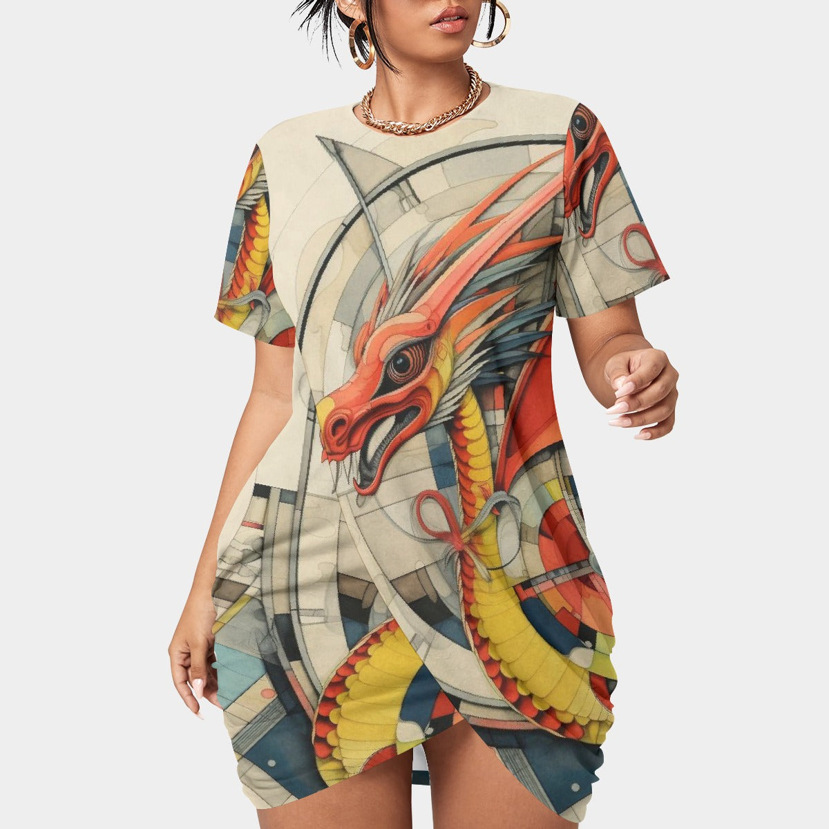 All-Over Print Women’s Stacked Hem Dress With Short Sleeve（Plus Size）