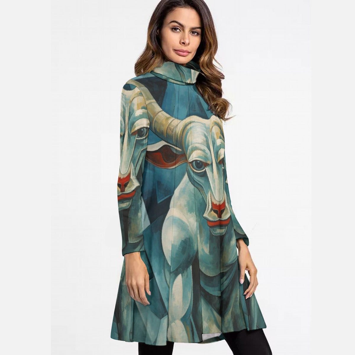 All-Over Print Women's High Neck Dress With Long Sleeve