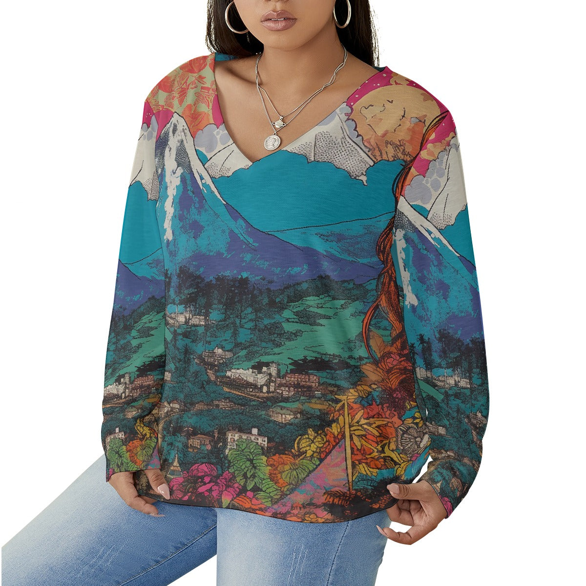 All-Over Print Women's V-neck T-shirt With Curved Hem(Plus Size)