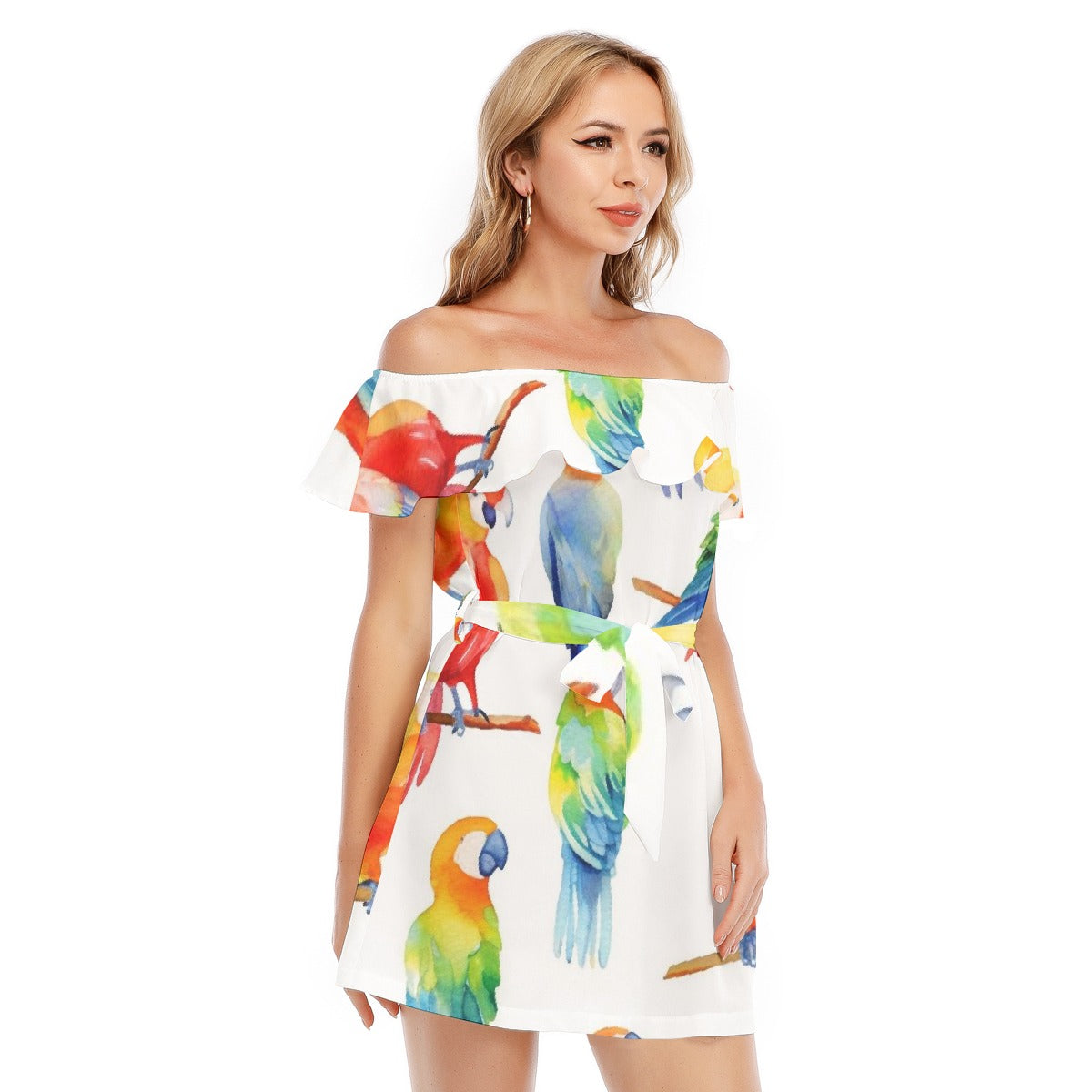 All-Over Print Women's Off-shoulder Dress With Ruffle