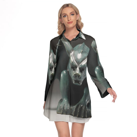 All-Over Print Women's Lapel Shirt Dress With Long Sleeve