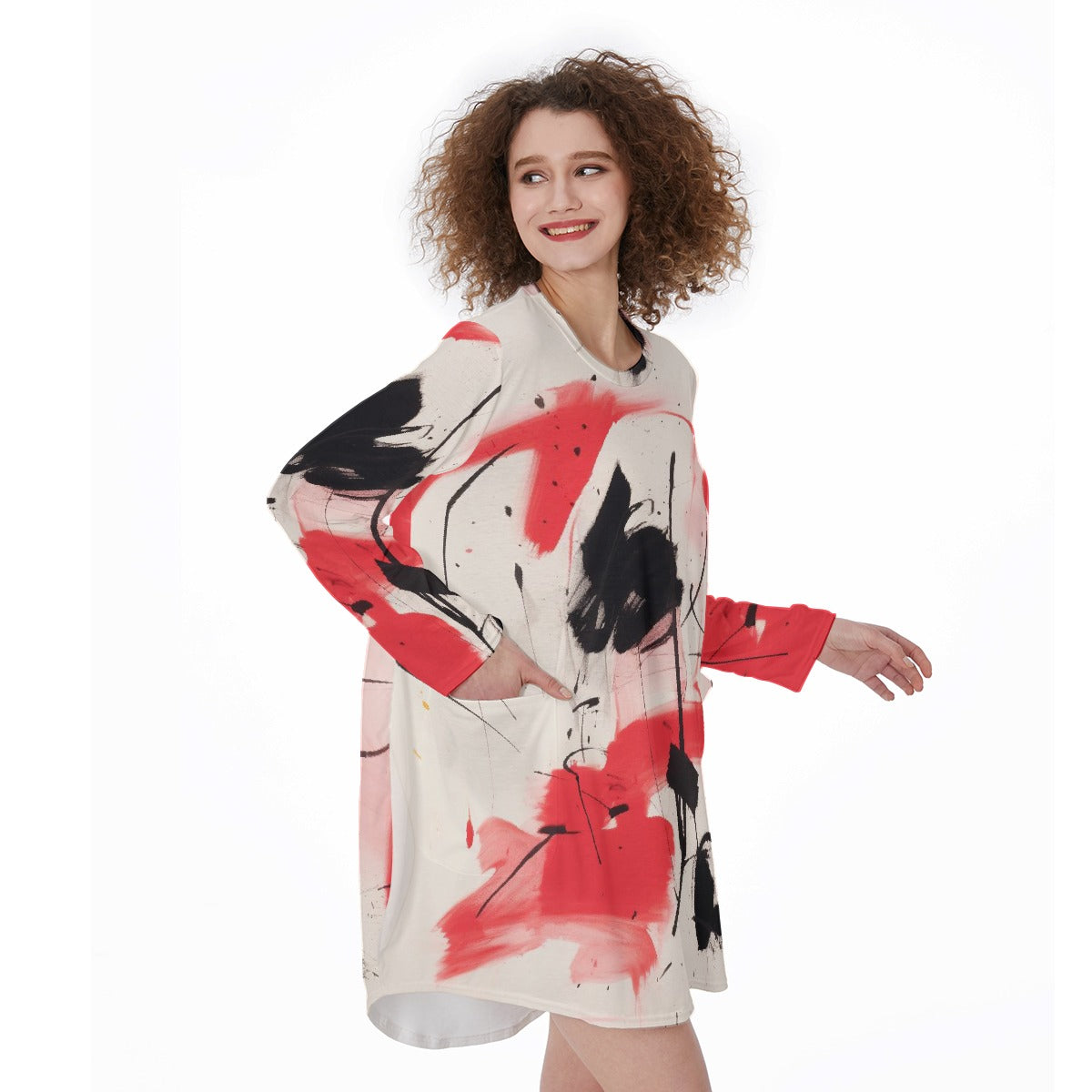 All-Over Print Women's Casual Loose Long Sleeve Dress With Pocket