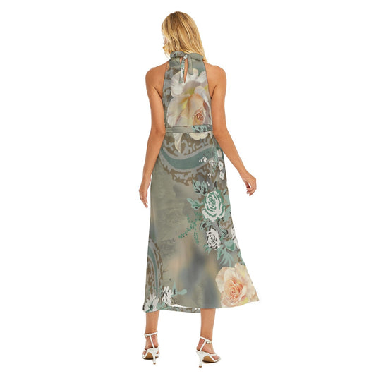 All-Over Print Women's Wrap Hem Belted Halter Dress