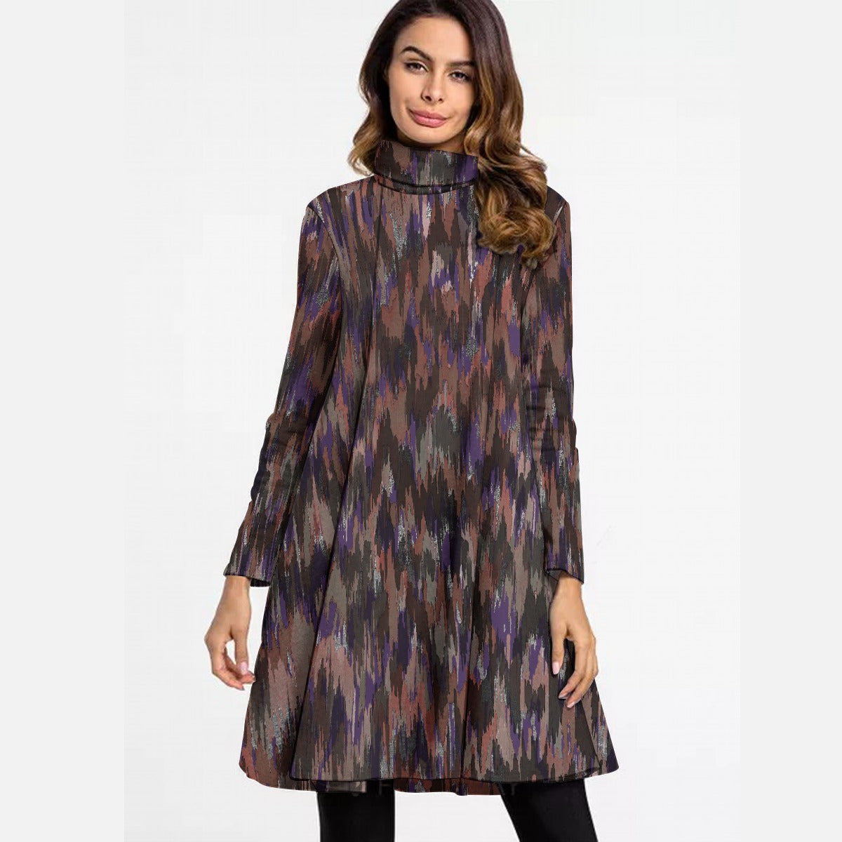 All-Over Print Women's High Neck Dress With Long Sleeve