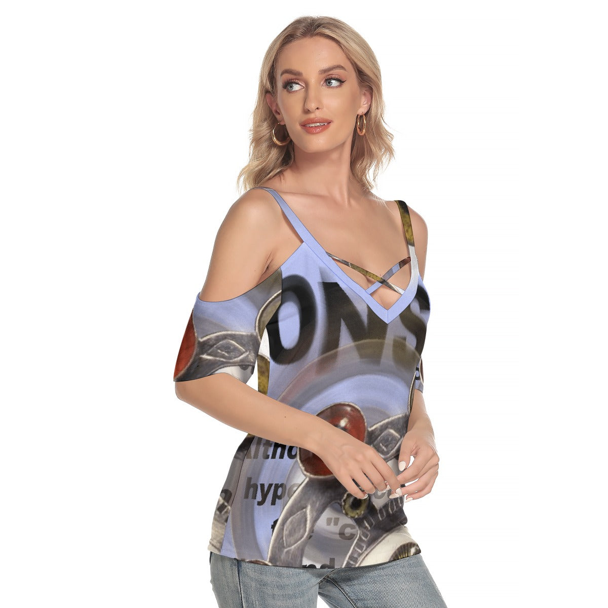 All-Over Print Women's Cold Shoulder T-shirt With Criss Cross Strips