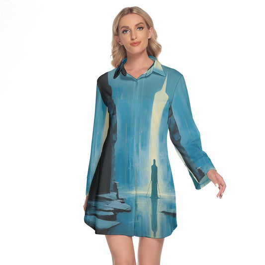 All-Over Print Women's Lapel Shirt Dress With Long Sleeve