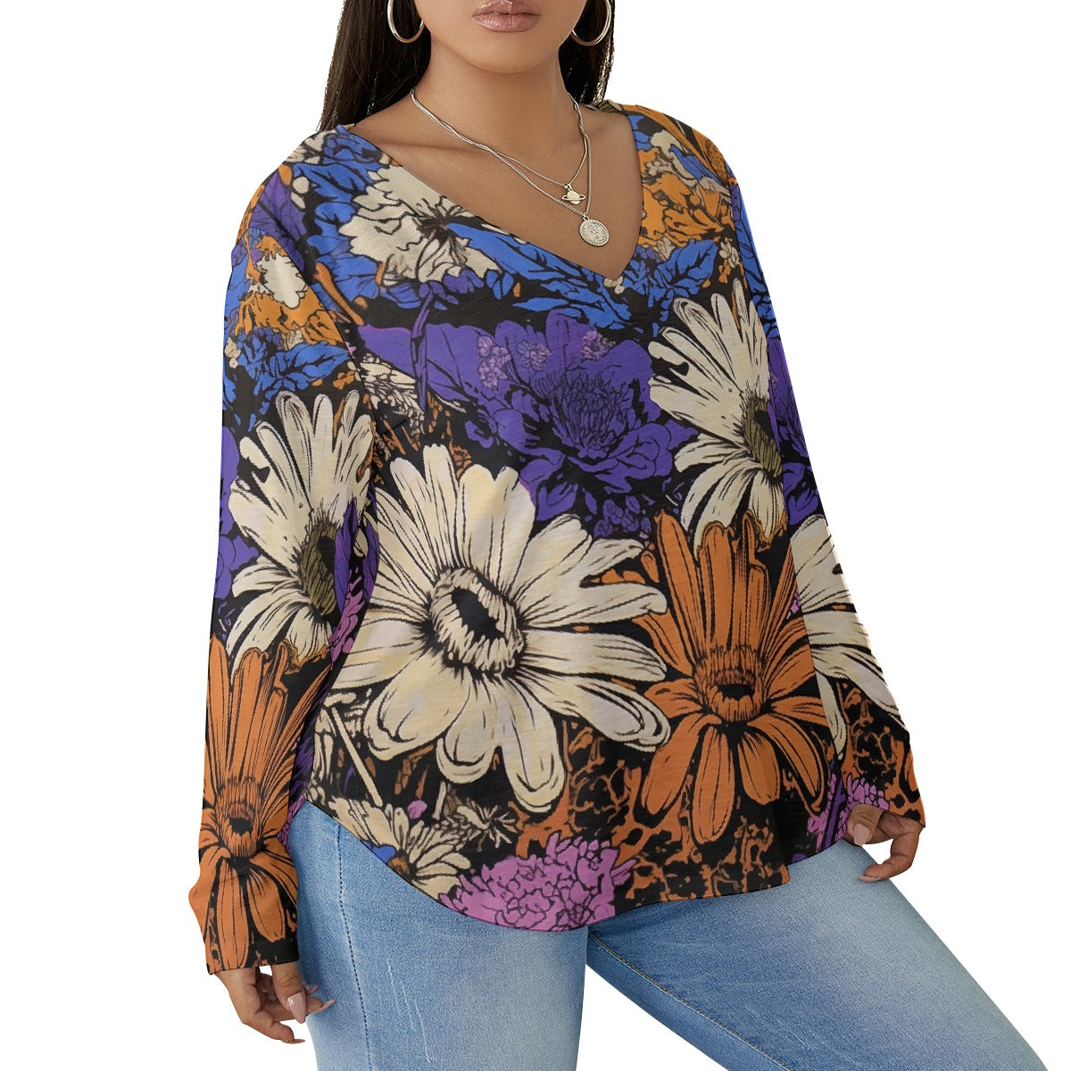 All-Over Print Women's V-neck T-shirt With Curved Hem(Plus Size)