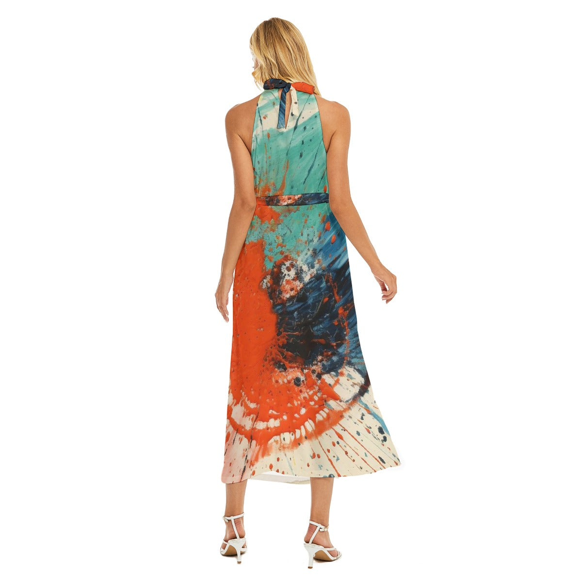 All-Over Print Women's Wrap Hem Belted Halter Dress