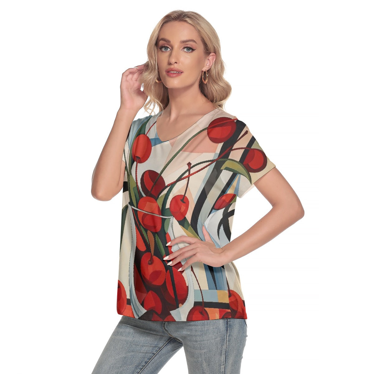 All-Over Print Women's Loose V-neck Short Sleeve T-shirt