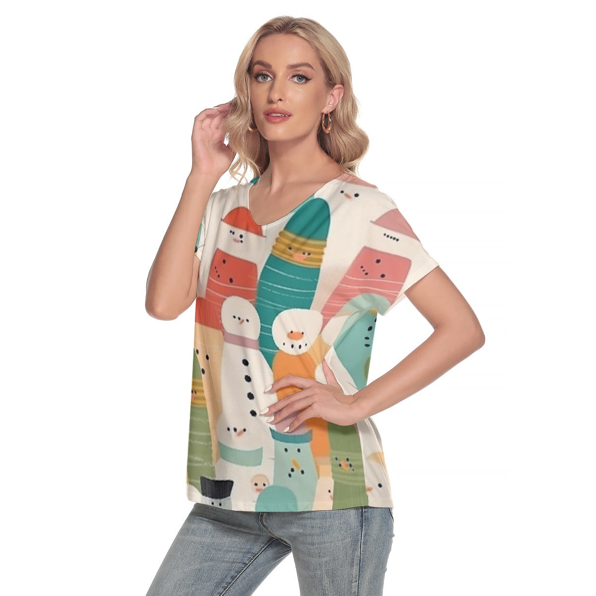 All-Over Print Women's Loose V-neck Short Sleeve T-shirt