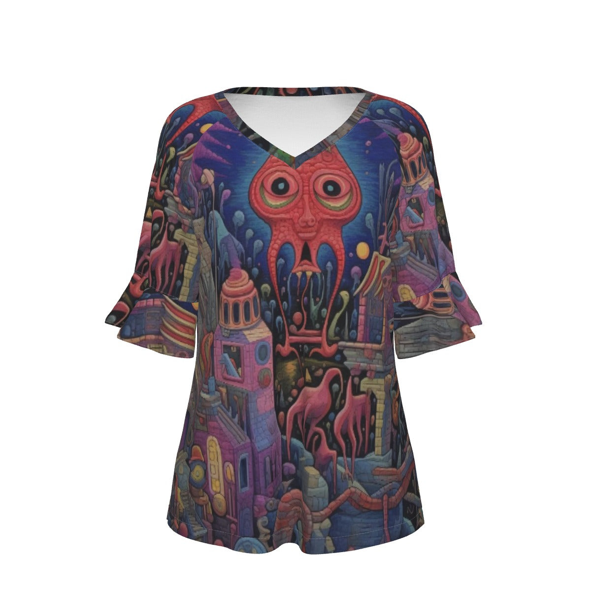 All-Over Print V-neck Women's T-shirt With Bell Sleeve