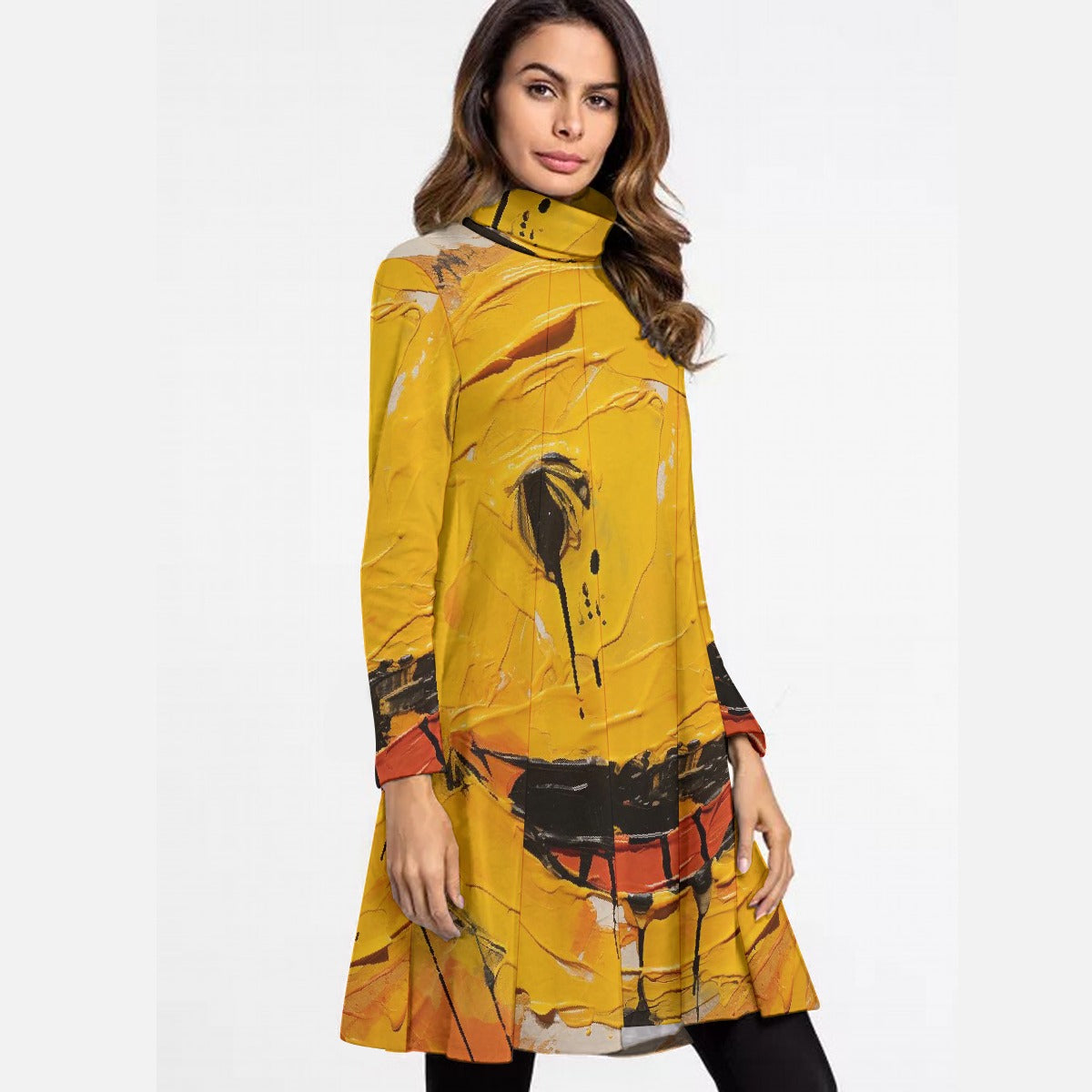 All-Over Print Women's High Neck Dress With Long Sleeve