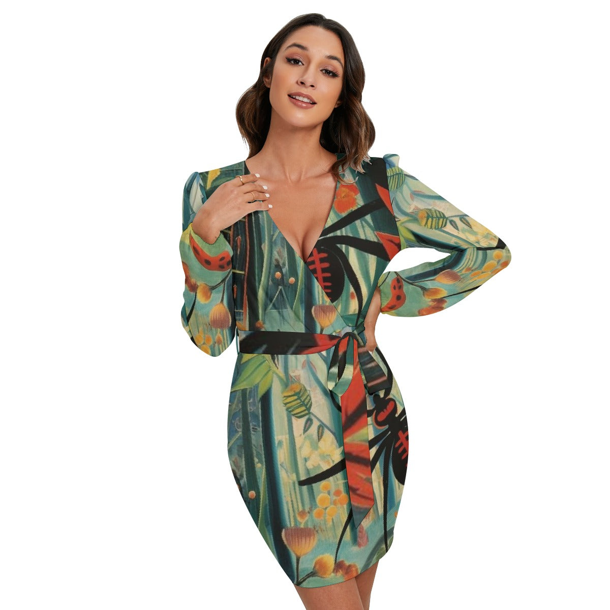 All-Over Print Women's Long Sleeve Dress With Waist Belt