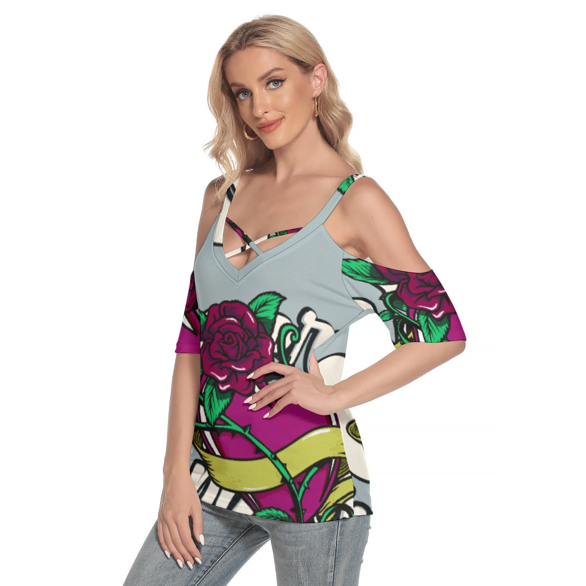 All-Over Print Women's Cold Shoulder T-shirt With Criss Cross Strips