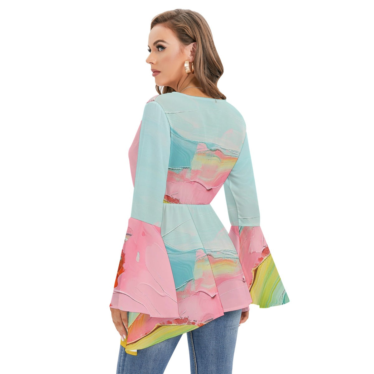 All-Over Print Women's V-neck Blouse With Flared Sleeves