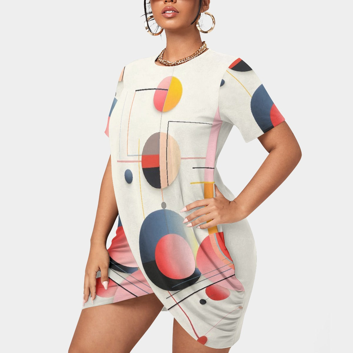 All-Over Print Women’s Stacked Hem Dress With Short Sleeve（Plus Size）