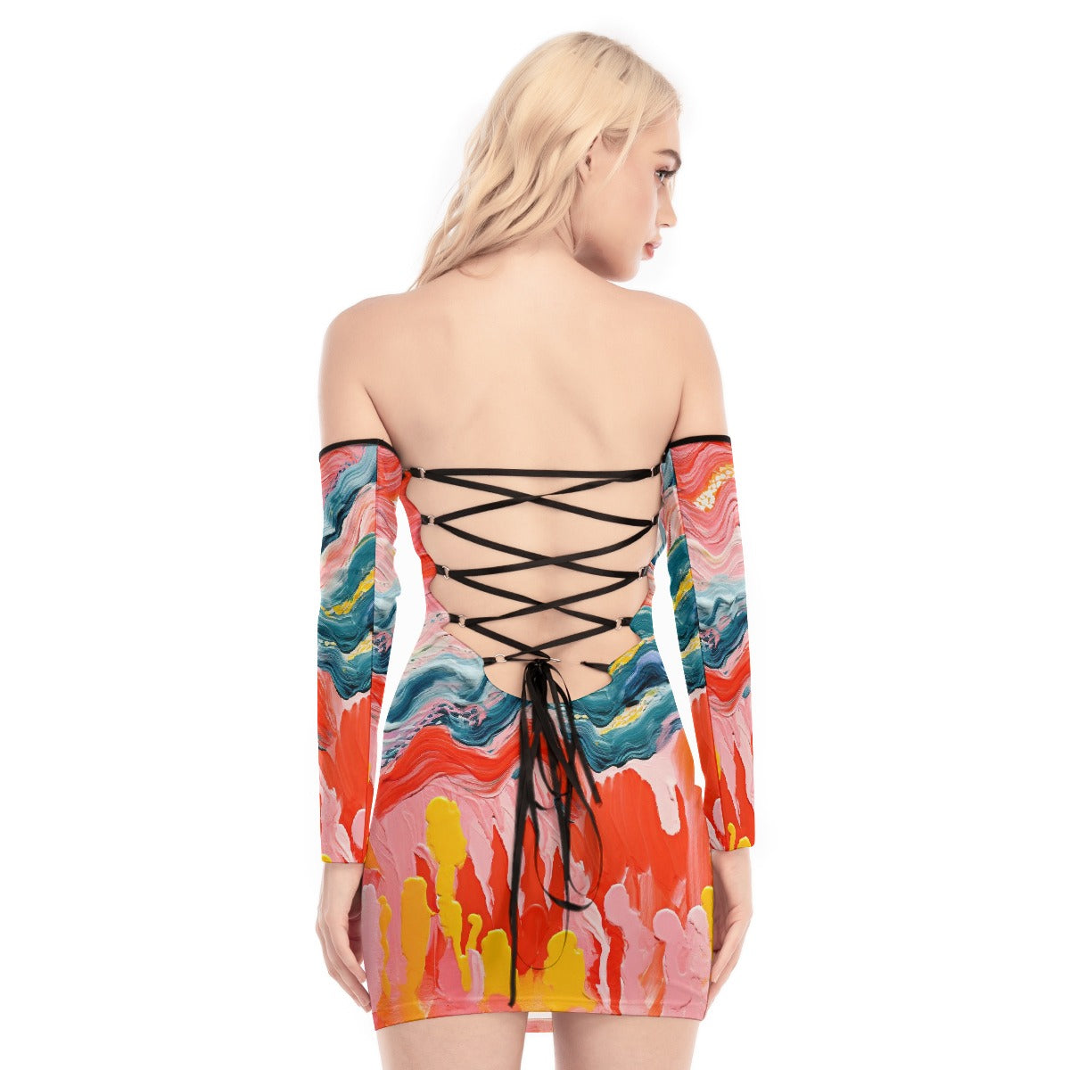 All-Over Print Women's Off-shoulder Back Lace-up Dress