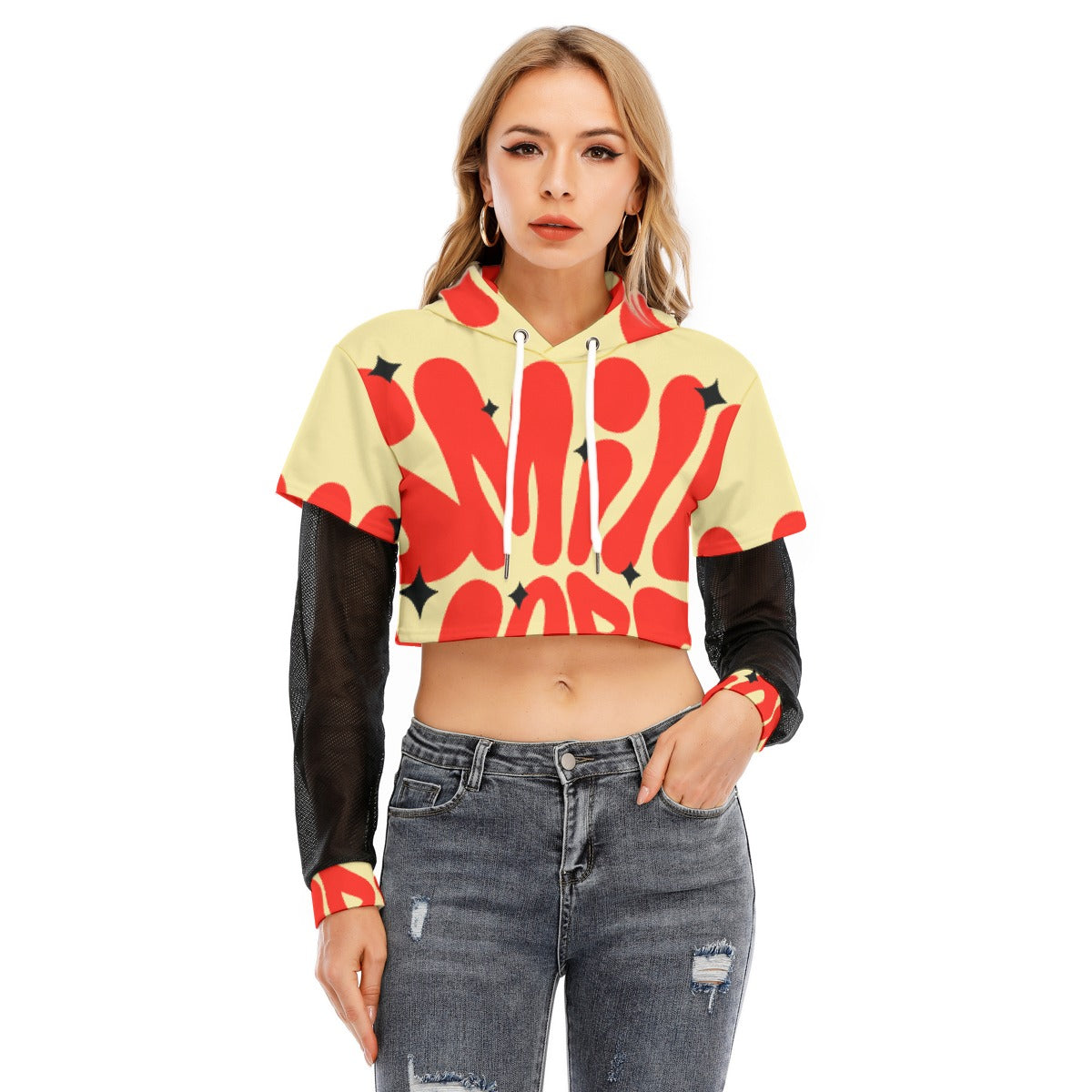 All-Over Print Women's Fake Two-piece Mesh Sleeve Cropped Hoodie